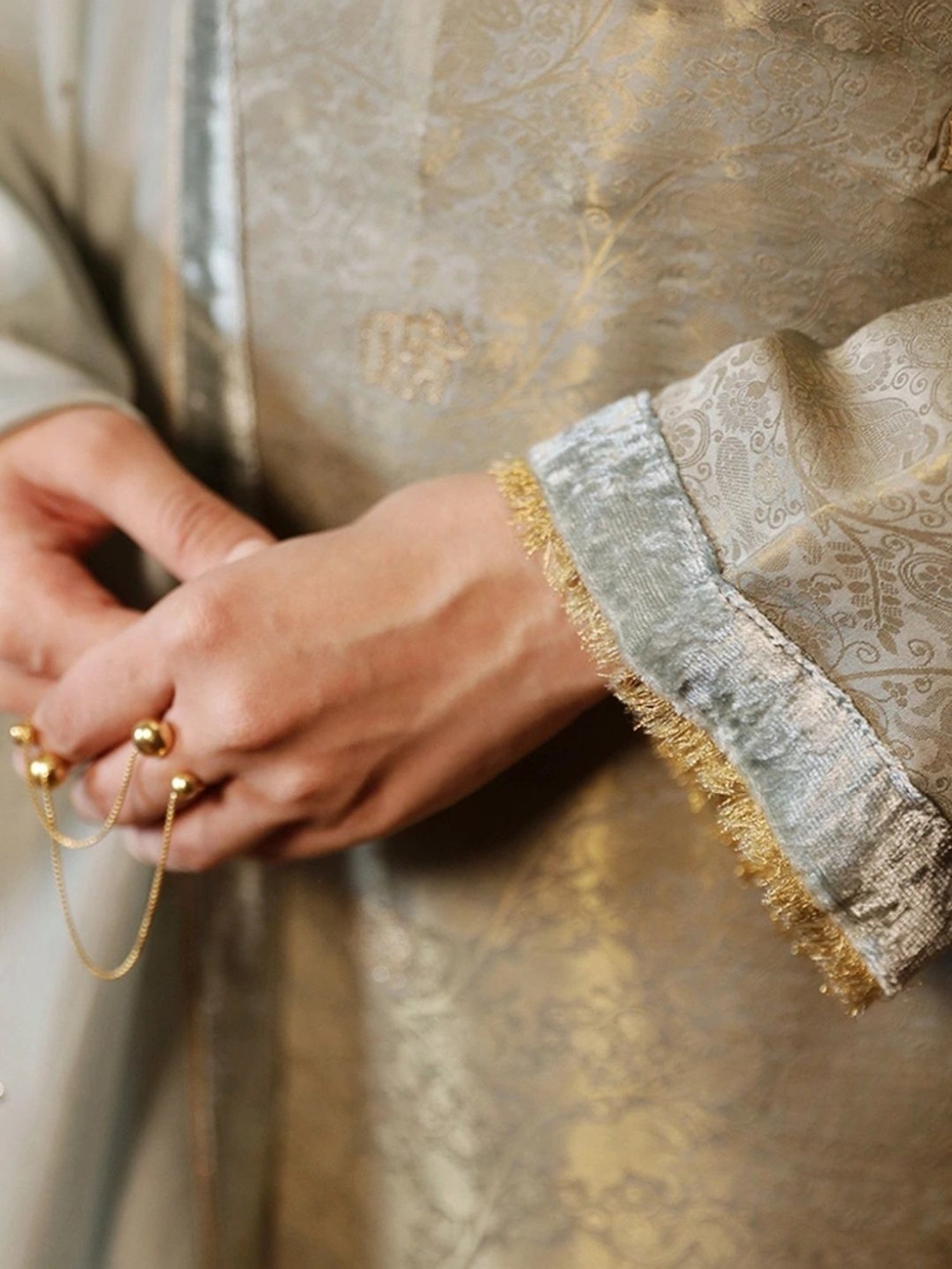 Ganga Fashions Belgian Block Grey and Golden Silk Woven Kurta with Salwar and Dupatta