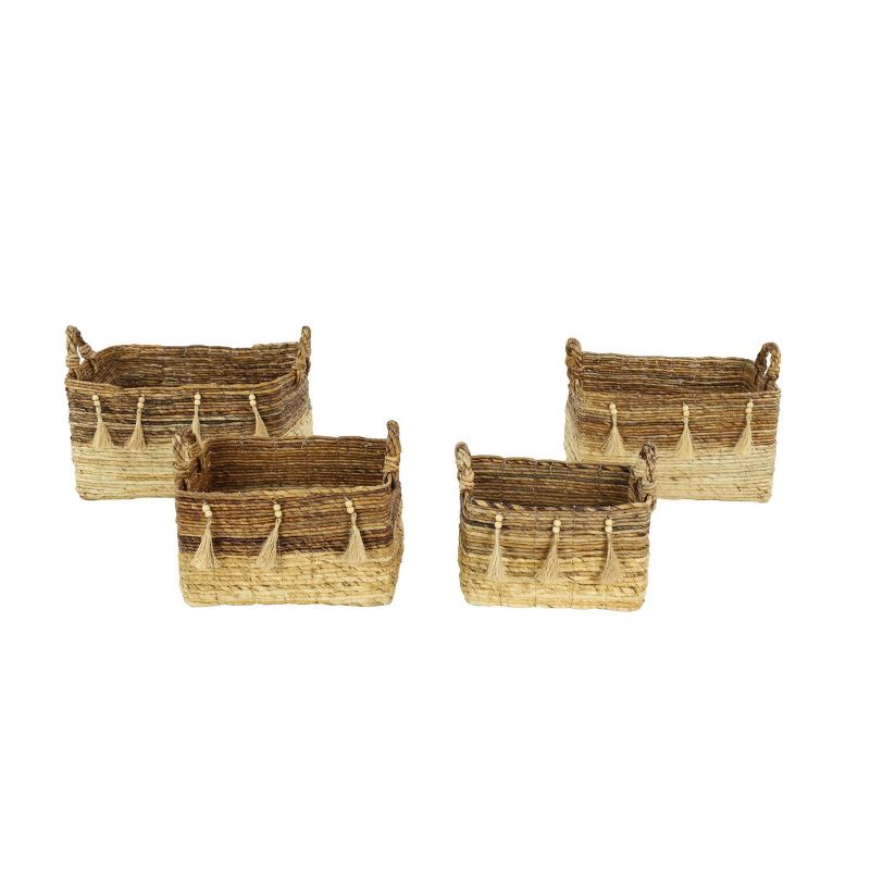 4pk Large Rectangle Banana Leaf  Baskets with Wood Beads & Tassels Brown & Beige