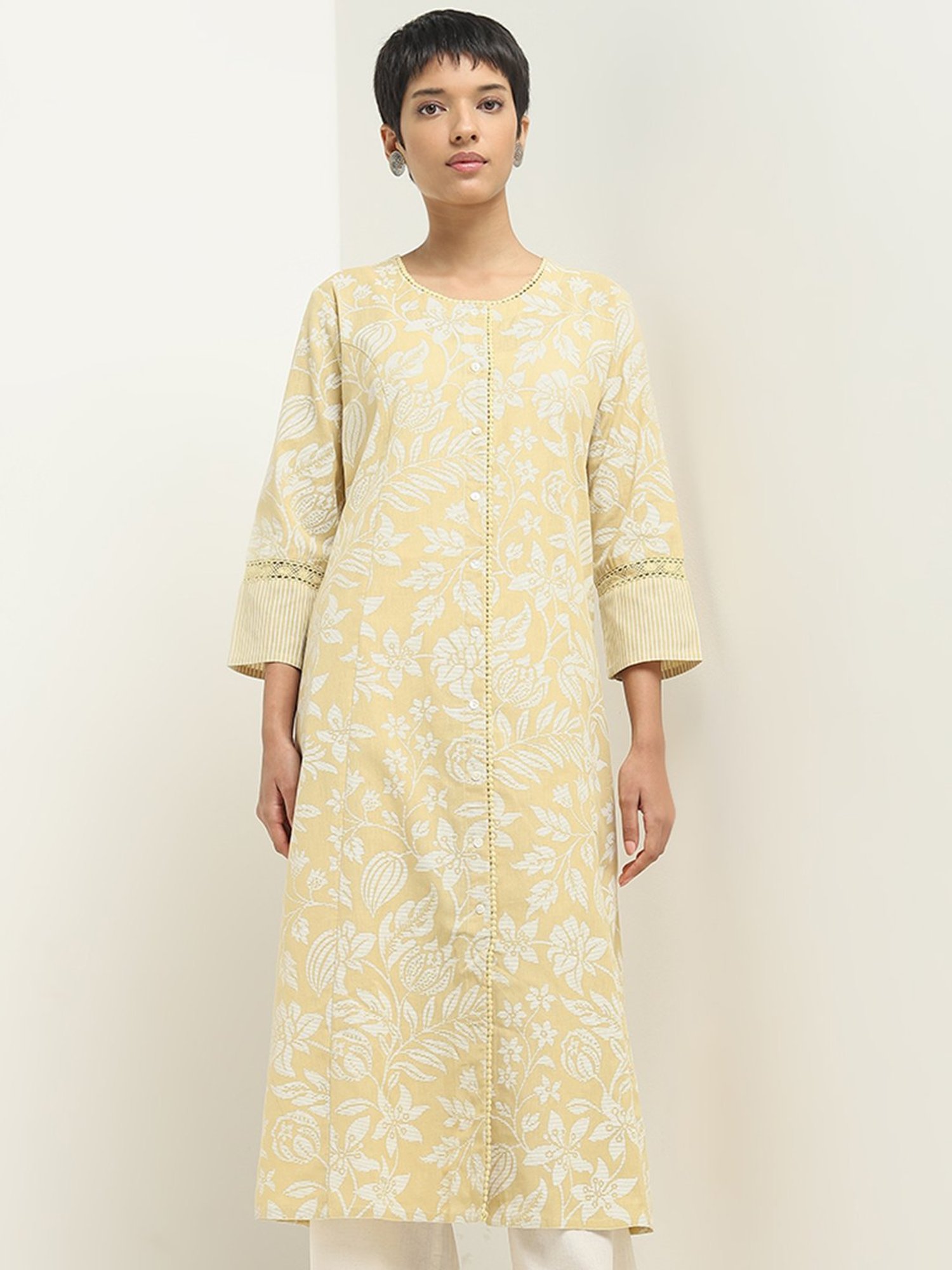 Utsa by Westside Yellow Botanical Printed A-Line Cotton Blend Kurta