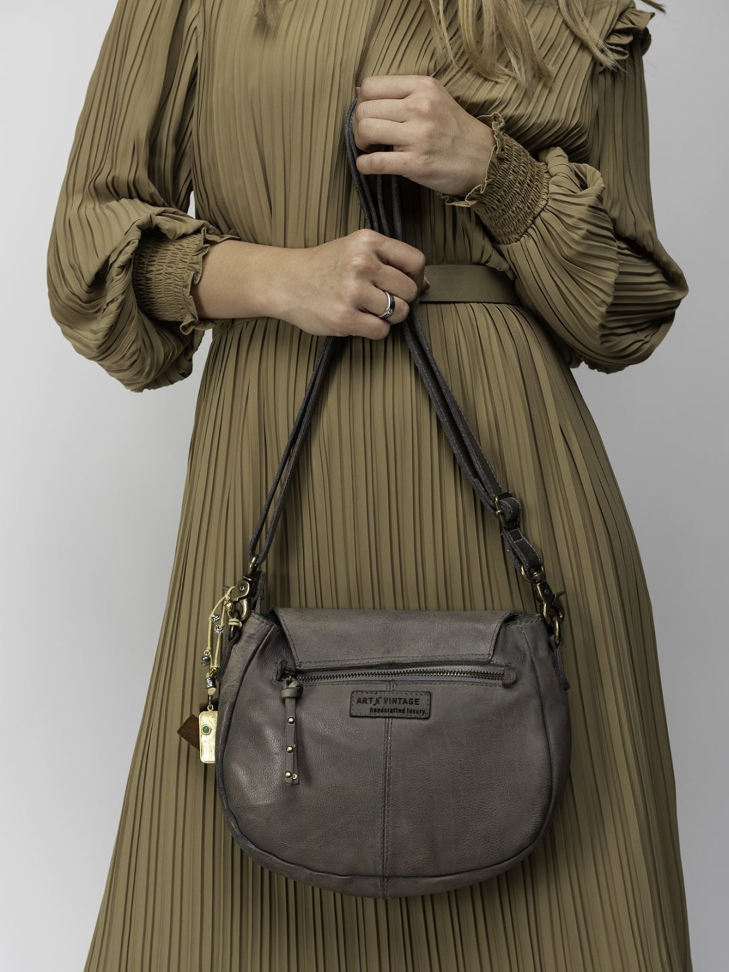 Art N Vintage Carob Grey Leather Textured Small Sling Handbag