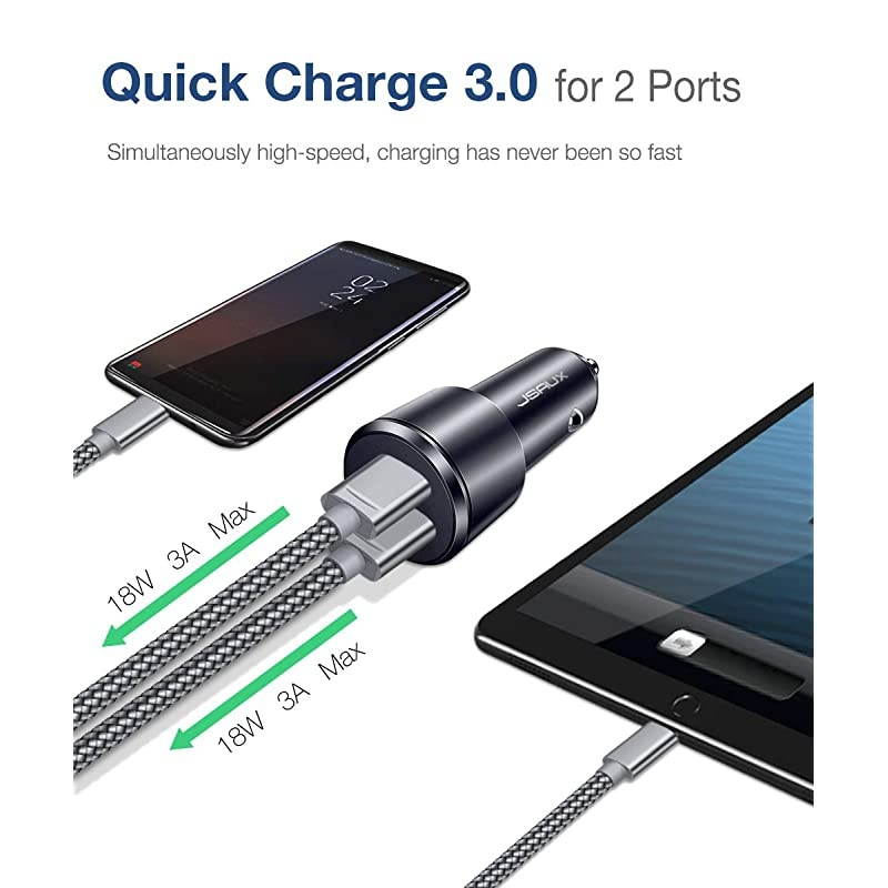 Car Charger  Quick Charge 30 3A Dual USB Ports 36W Fast Car Adapter Metal Compatible with Samsung Galaxy S10 S9 S8 S20 Plus Note 10 9 8 S7 iPhone Xs Max XR X 8 7 6 iPad LG G6 V20 Moto Black