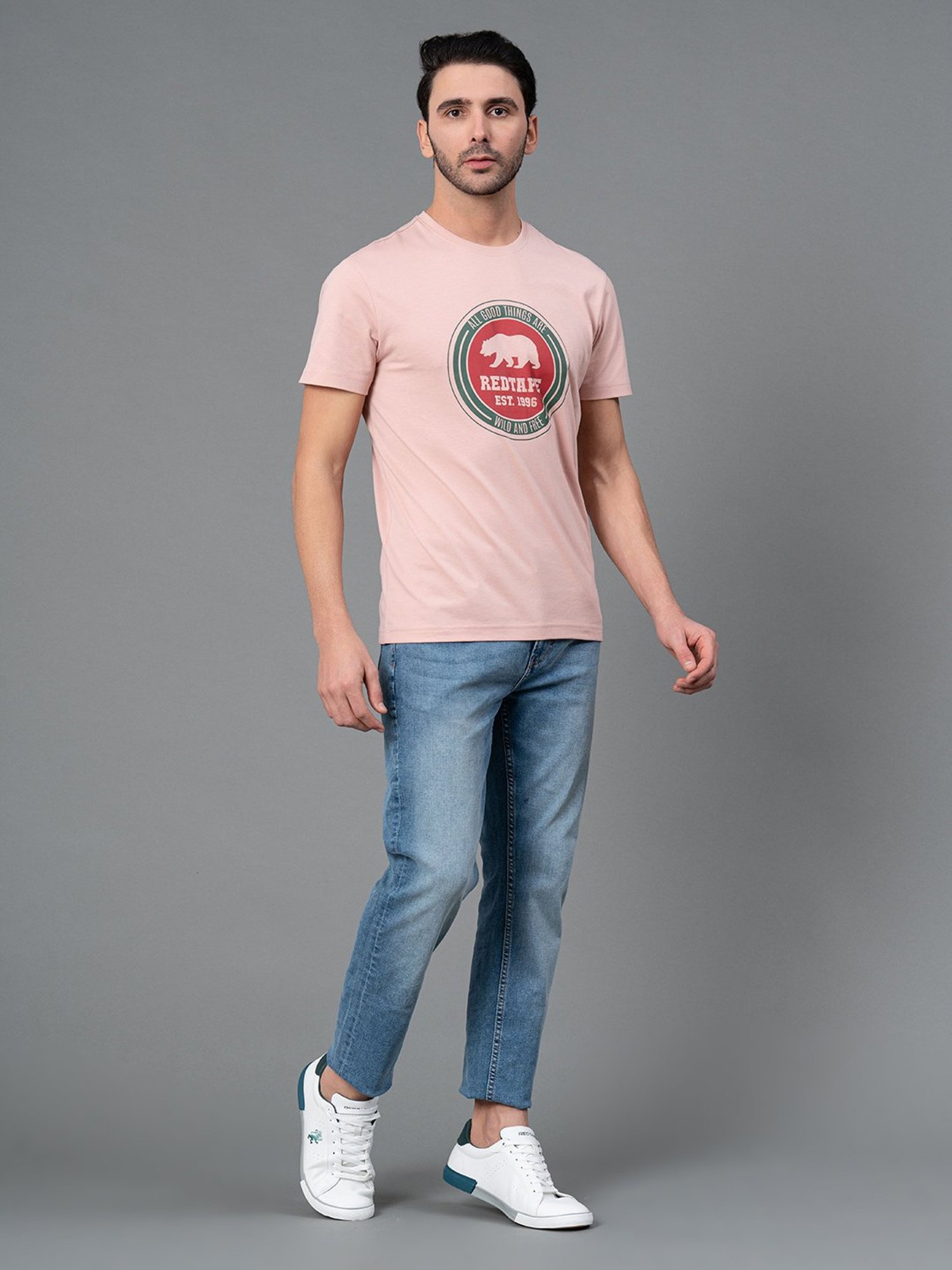 Red Tape Light Pink Regular Fit Graphic Print Cotton Crew T-Shirt