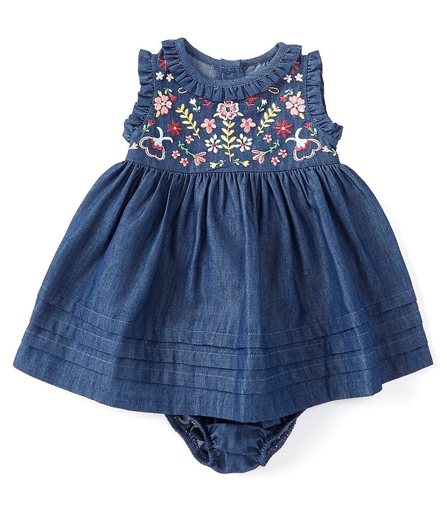 Bonnie Jean Baby Girls Newborn-24 Months Flutter-Sleeve Embroidered Denim Empire-Waist Dress