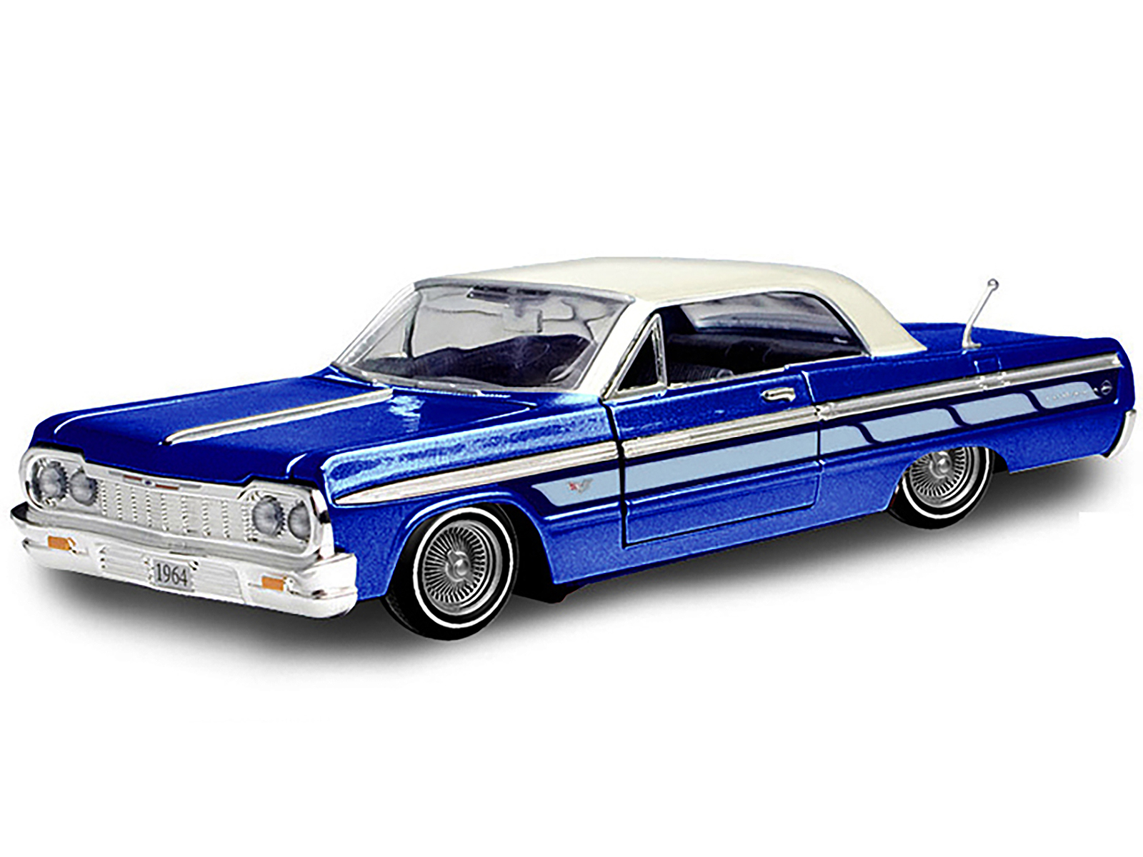 1964 Chevrolet Impala Lowrider Hard Top Candy Blue Metallic with Cream Top "Get Low" Series 1/24 Diecast Model Car by Motormax