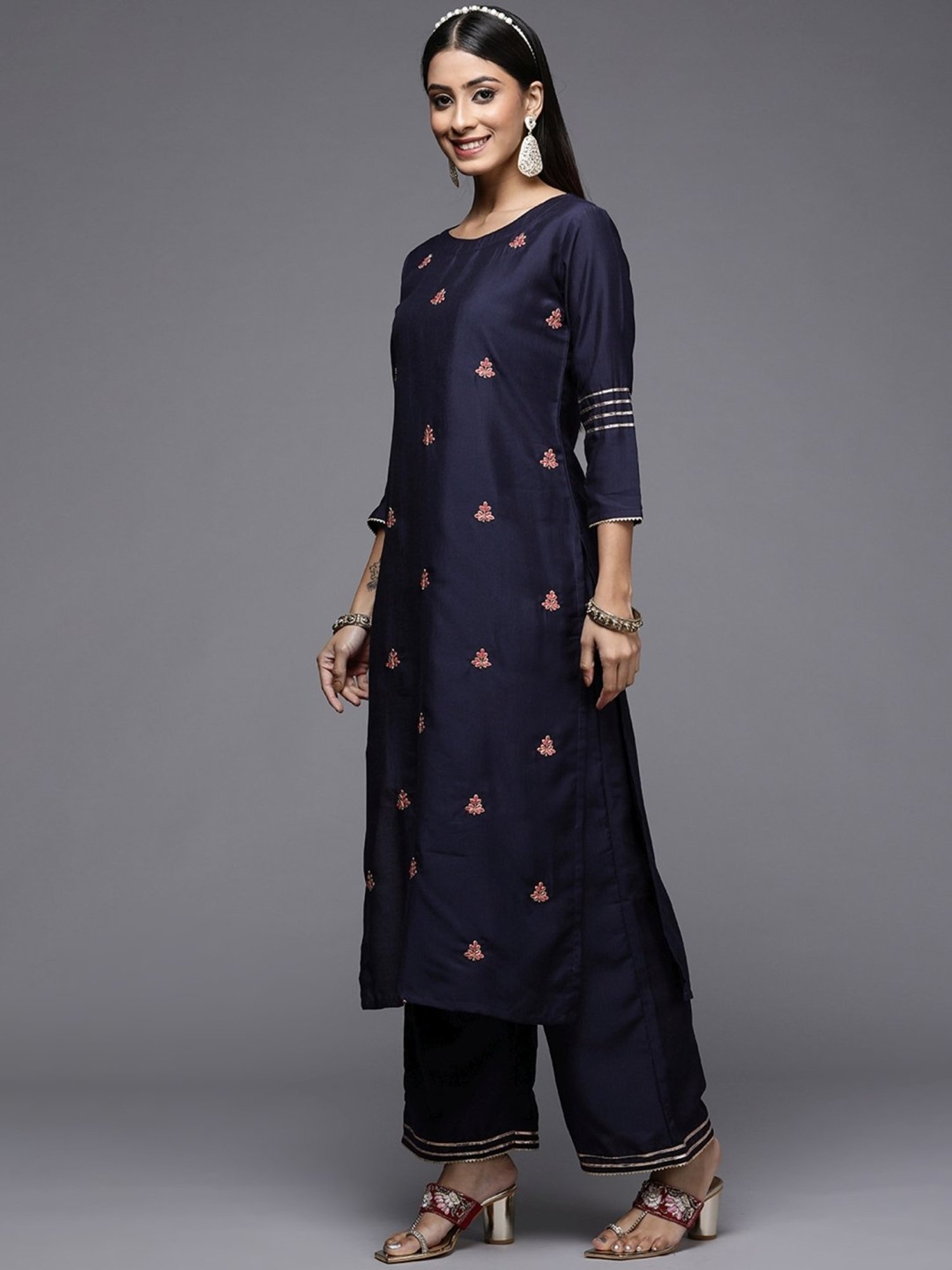 Indo Era Navy Embroidered Kurta Palazzo Set With Dupatta