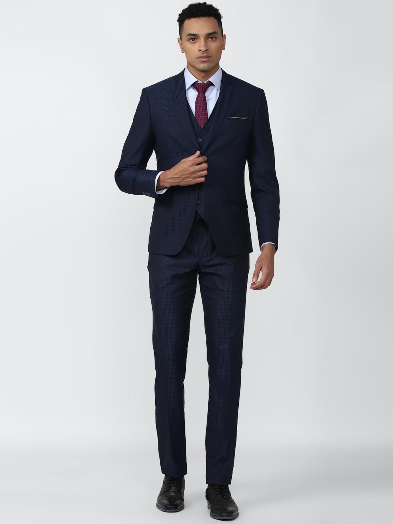V Dot Navy Blue Skinny Fit Checks Three Piece Suits