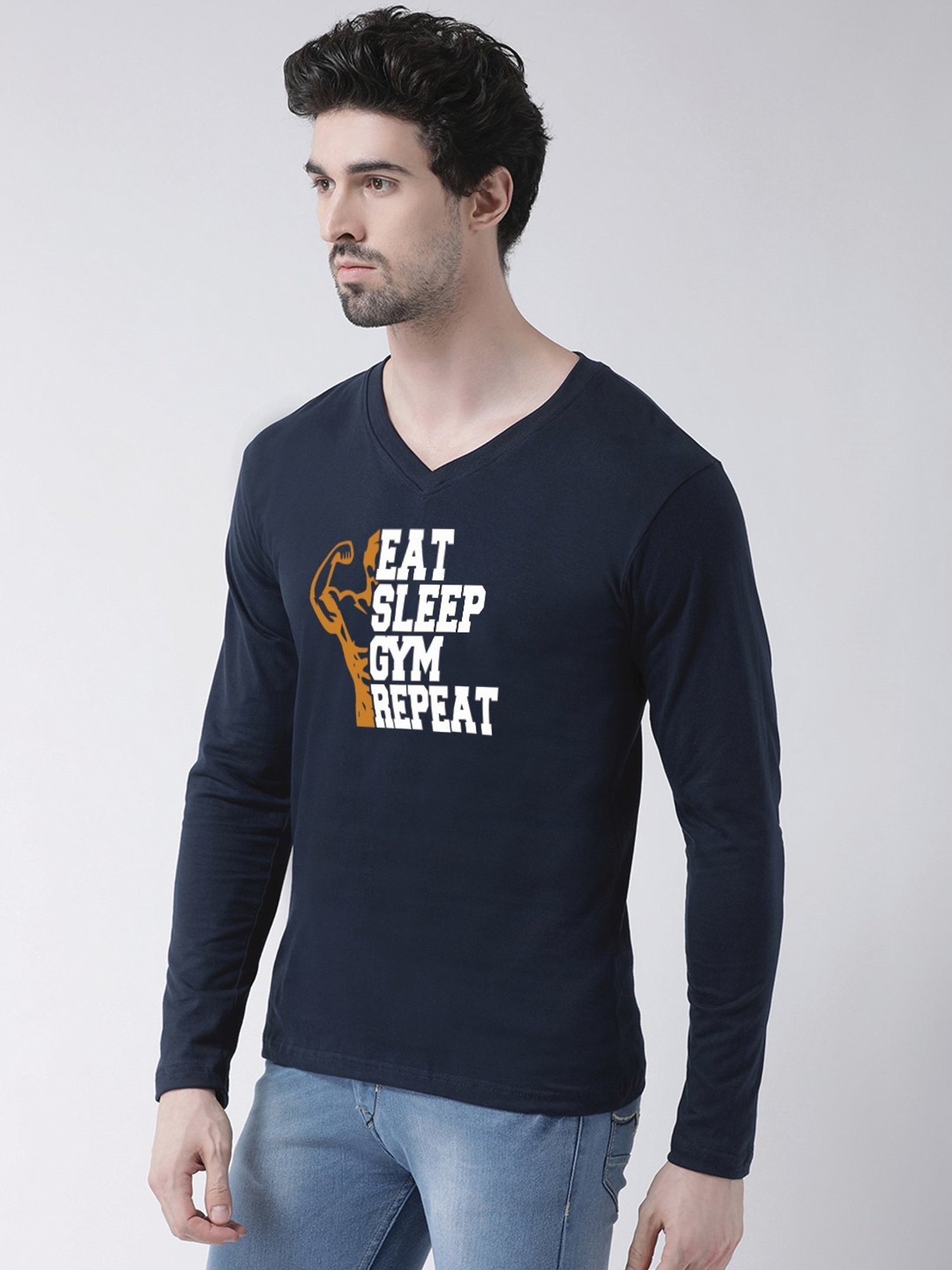 Friskers Navy Blue Cotton Slim Fit Printed T-Shirt