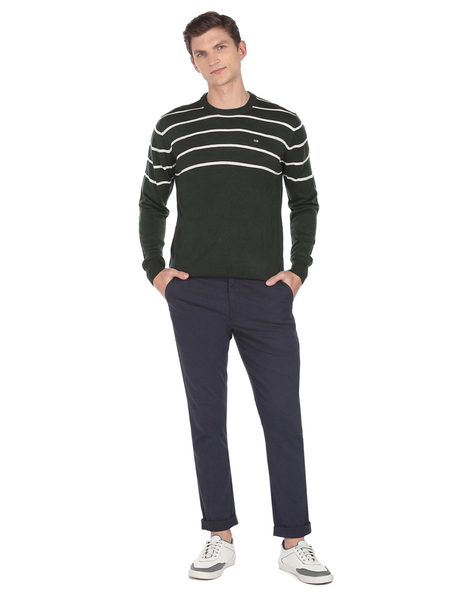 Arrow Sport Olive Regular Fit Striped Sweater