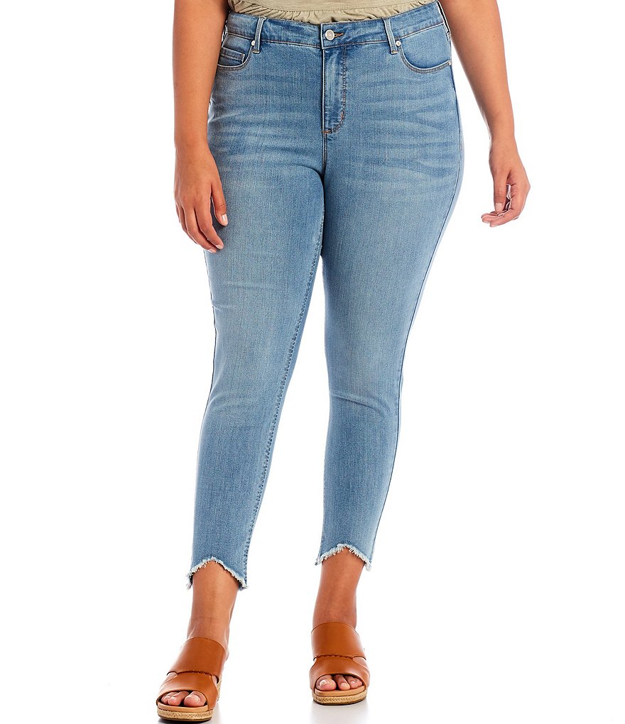 Code Bleu Plus Size High Rise Hi-Low Raw Hem Skinny Ankle Jeans