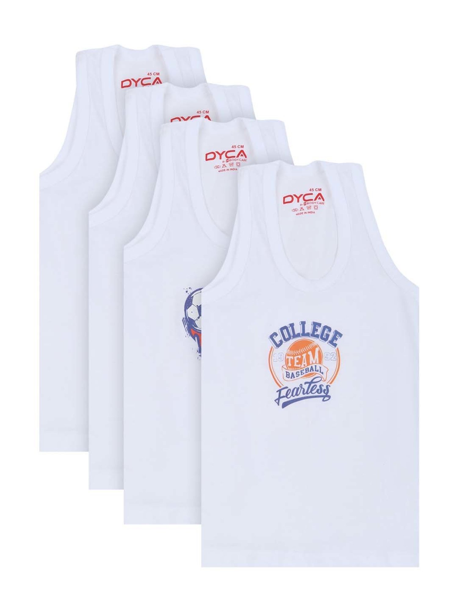 Dyca Kids White Cotton Printed Vest (Pack of 4)