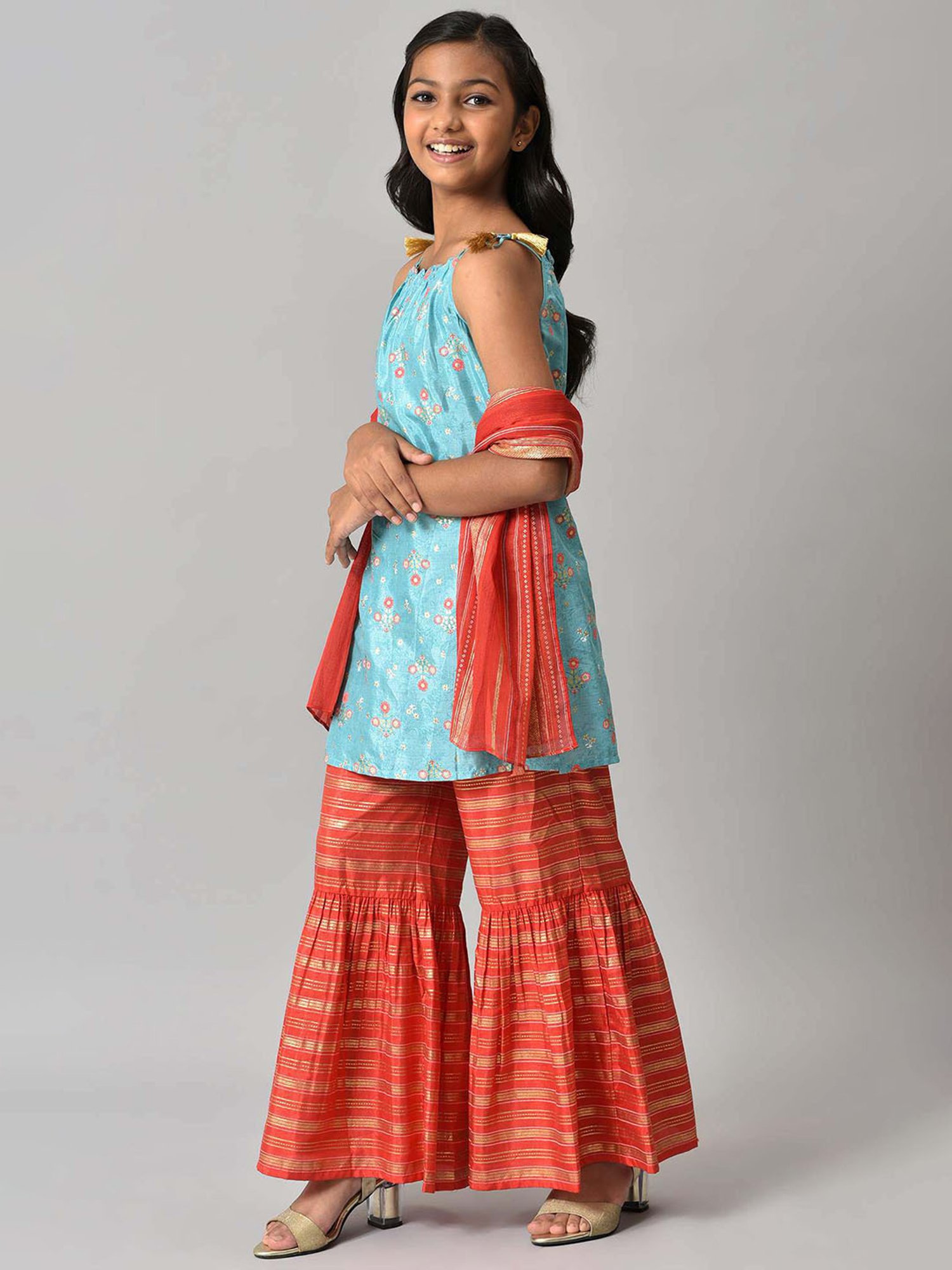 Aurelia Kids Aqua Blue & Red Floral Print Kurta, Plazzos with Dupatta