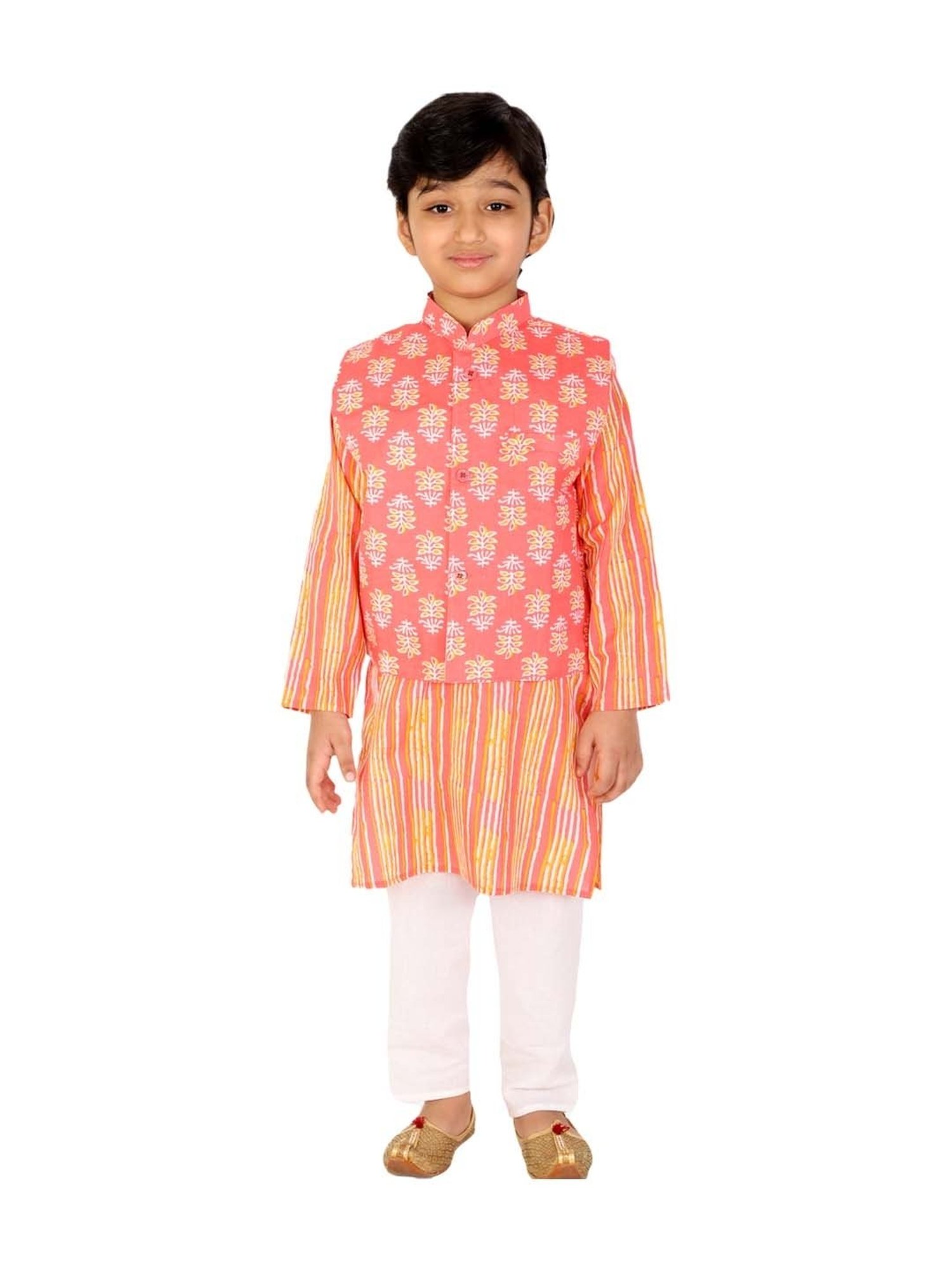 Ahhaaaa Kids Pink & White Cotton Floral Print Kurta Set