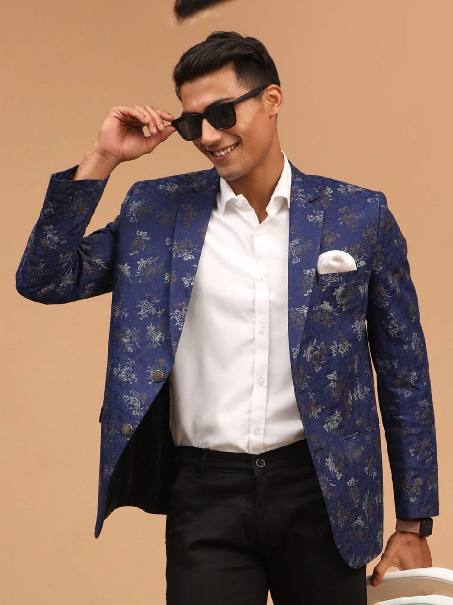 VASTRAMAY Navy Regular Fit Floral Print Ethnic Blazer