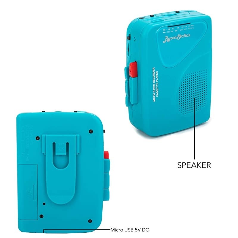 Cassette Player FM Am Radio Walkman Portable Cassette Converter Automatic Stop System Protect Cassette Tape Mic Recorder 2 AA Battery or USB Power Supply Belt clip with Headphone Teal