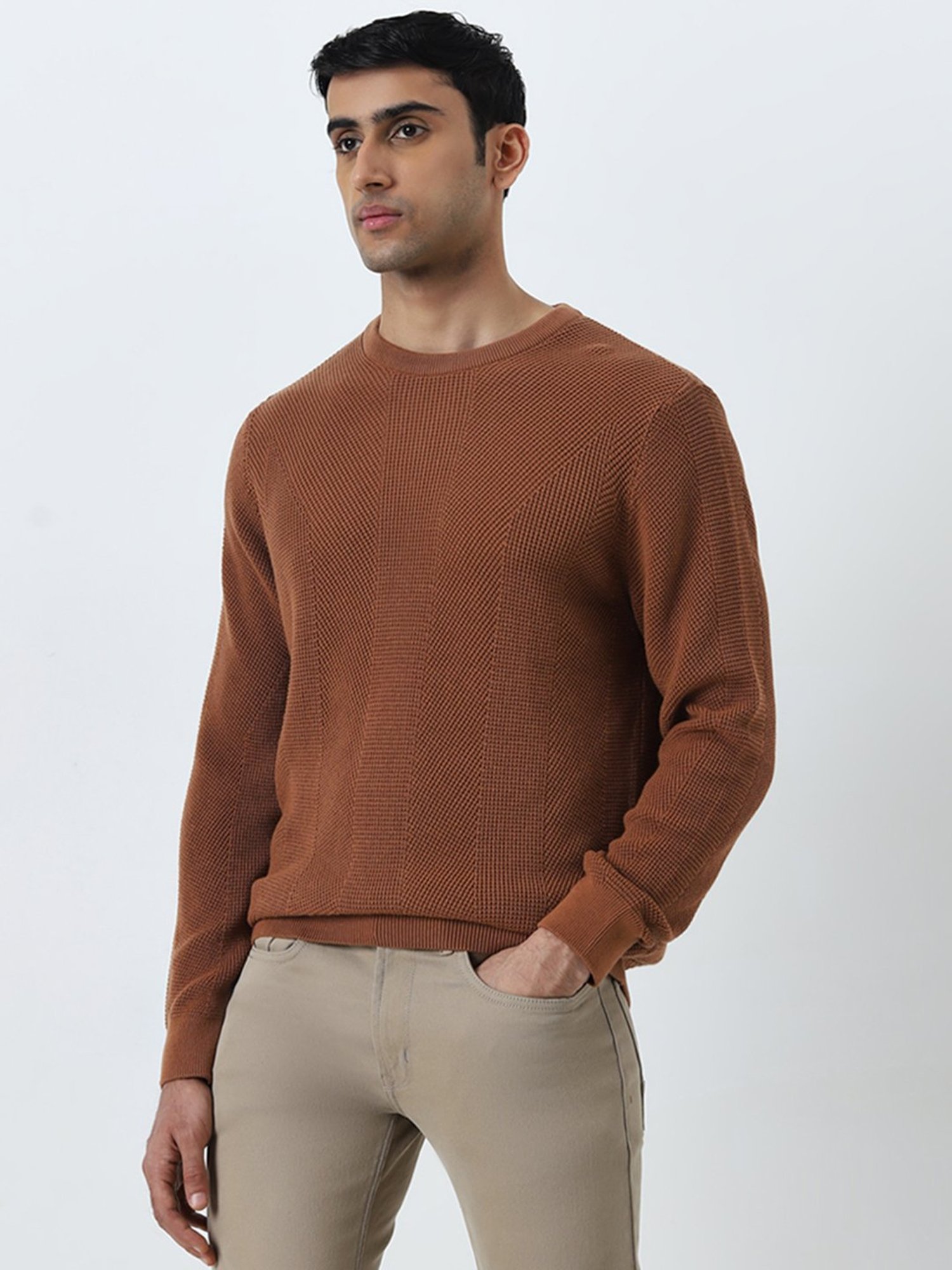 Ascot by Westside Rust Knitted Relaxed-Fit Cotton Sweater