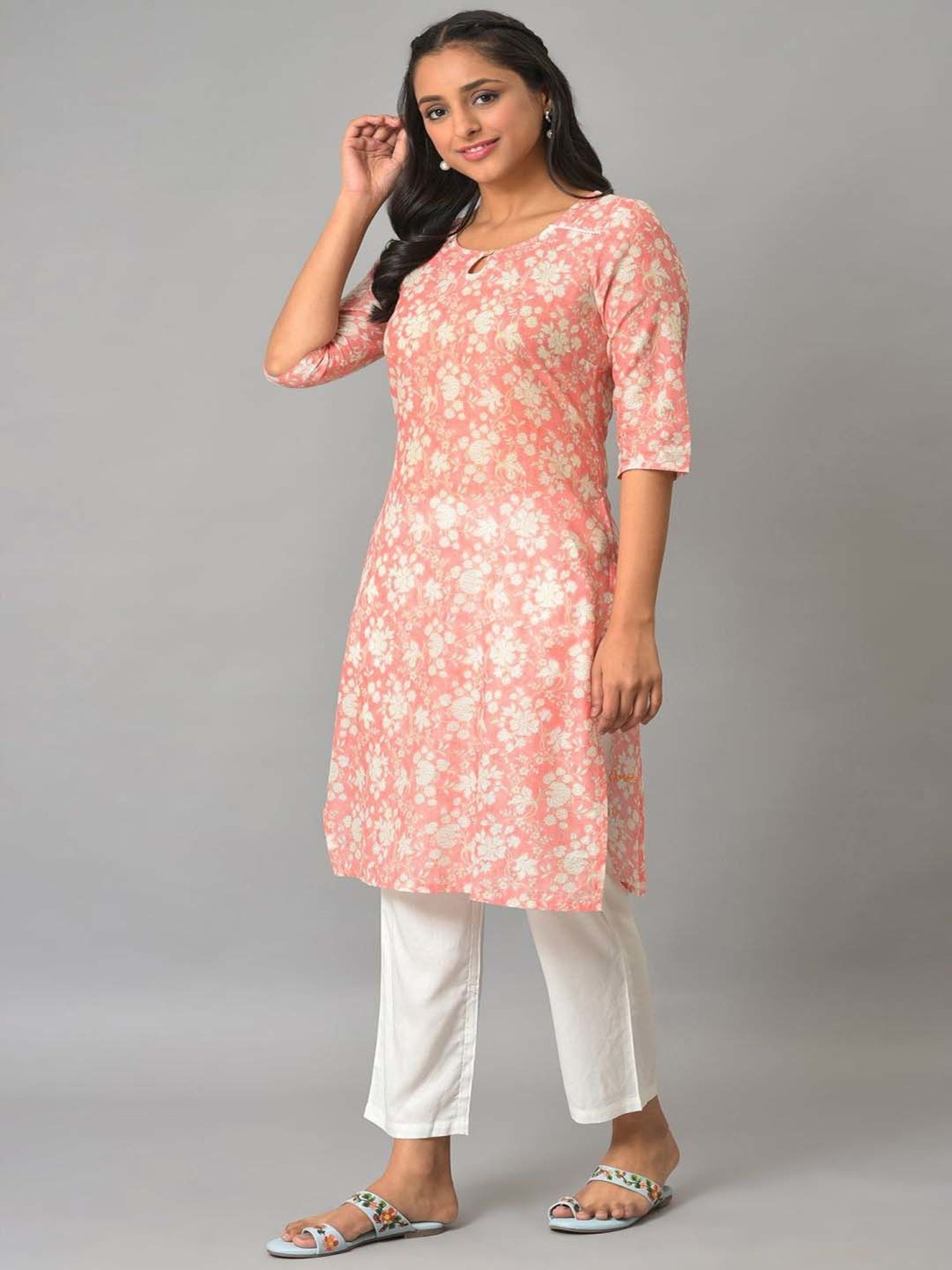 Aurelia Peach & White Cotton Printed Kurta Pant Set