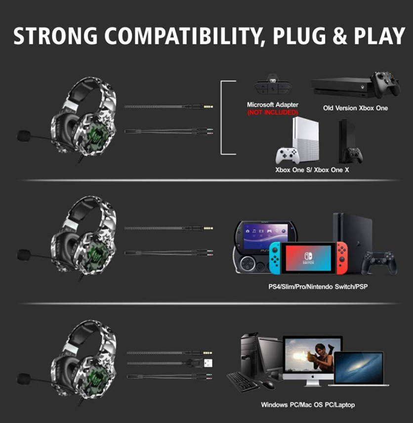 K8 head-mounted camouflage gaming headset luminous student computer PS4 headset color change brightness headphones speakers