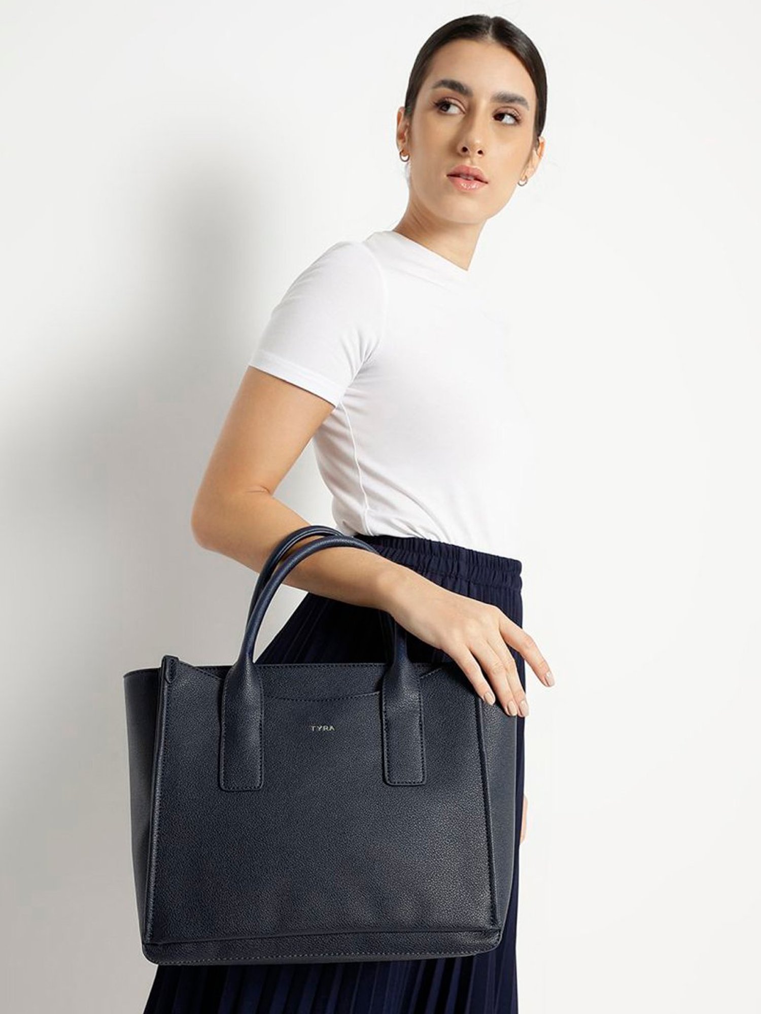 Tyra Eslia Navy Solid Faux Leather Tote Handbag