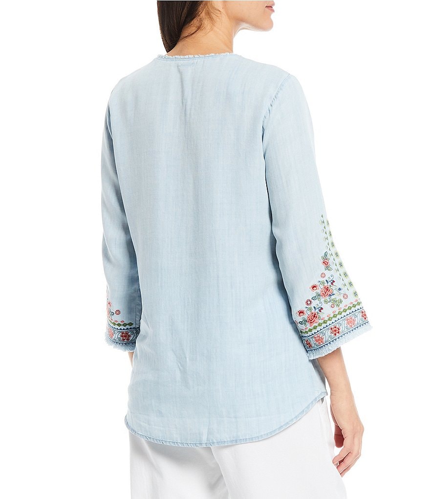 Reba 3/4 Sleeve Multi Colored Embroidered Chambray Tunic
