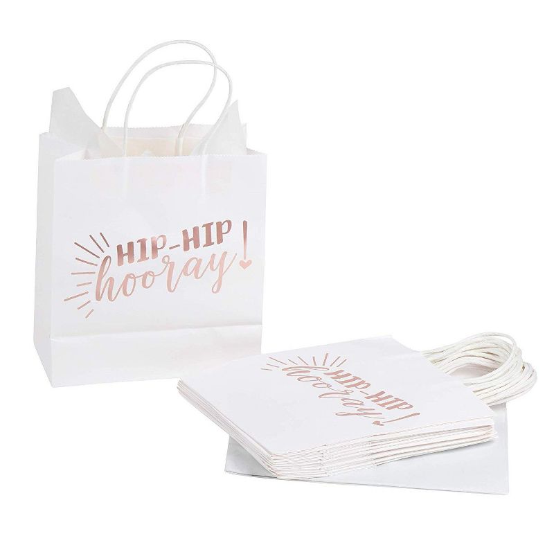 Juvale 15-Pack Rose Gold Foil "Hip Hip Hooray" Medium Paper Gift Bags with Tissue Paper Rope Handle 8"x9"