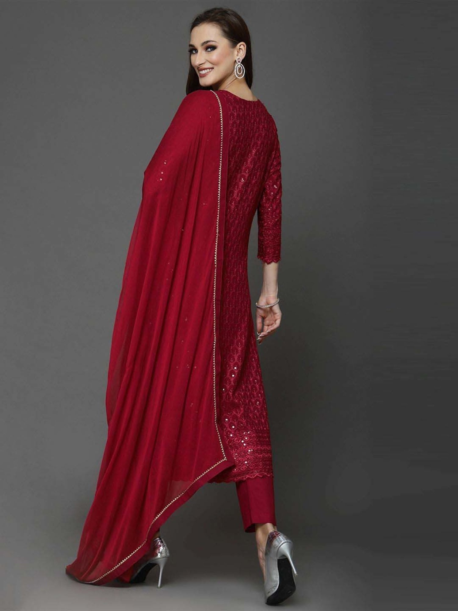 Skylee Maroon Embroidered Kurta Pant Set With Dupatta