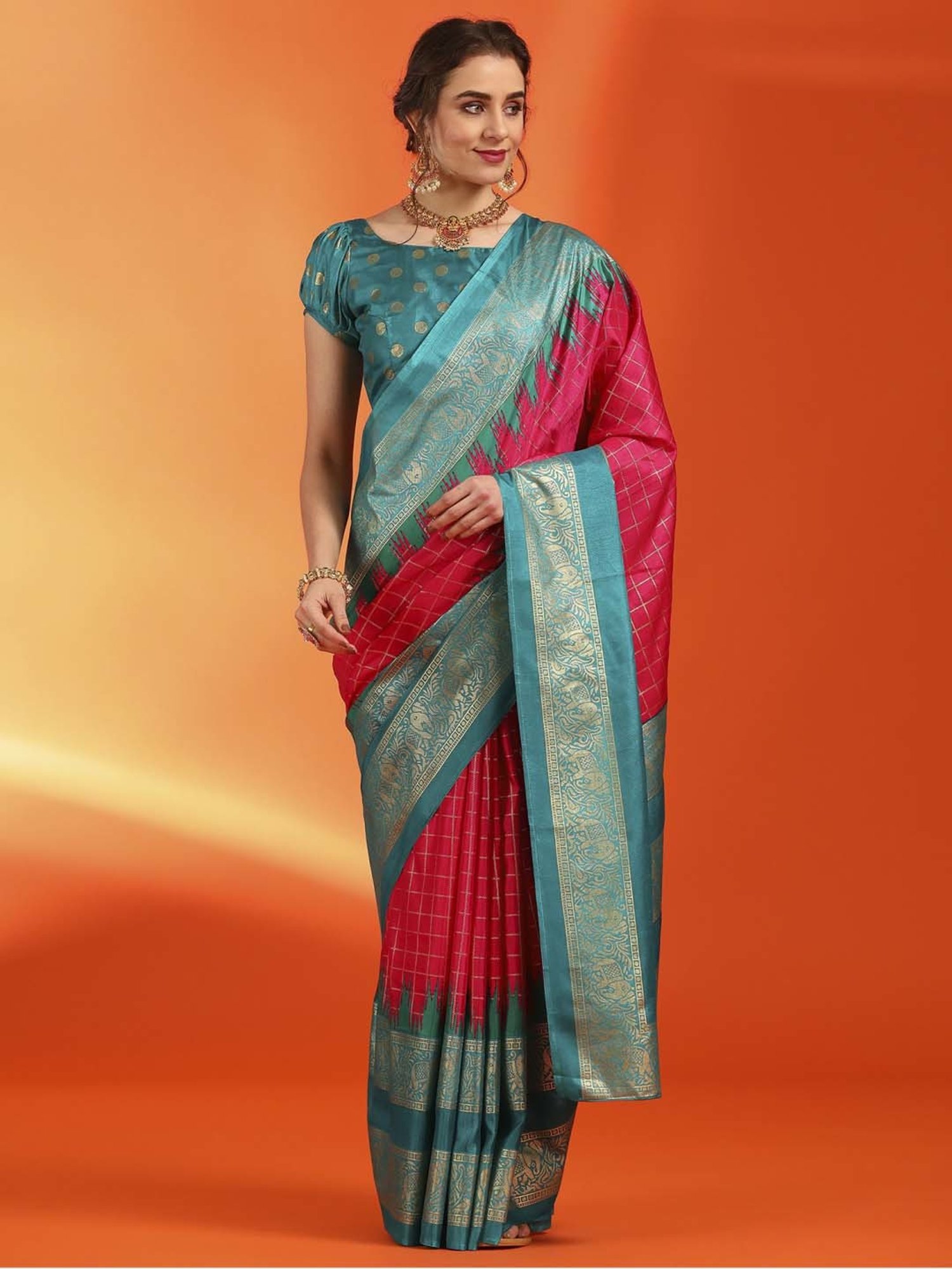 Saree Mall Pink & Blue Silk Printed Saree With Unstitched Blouse