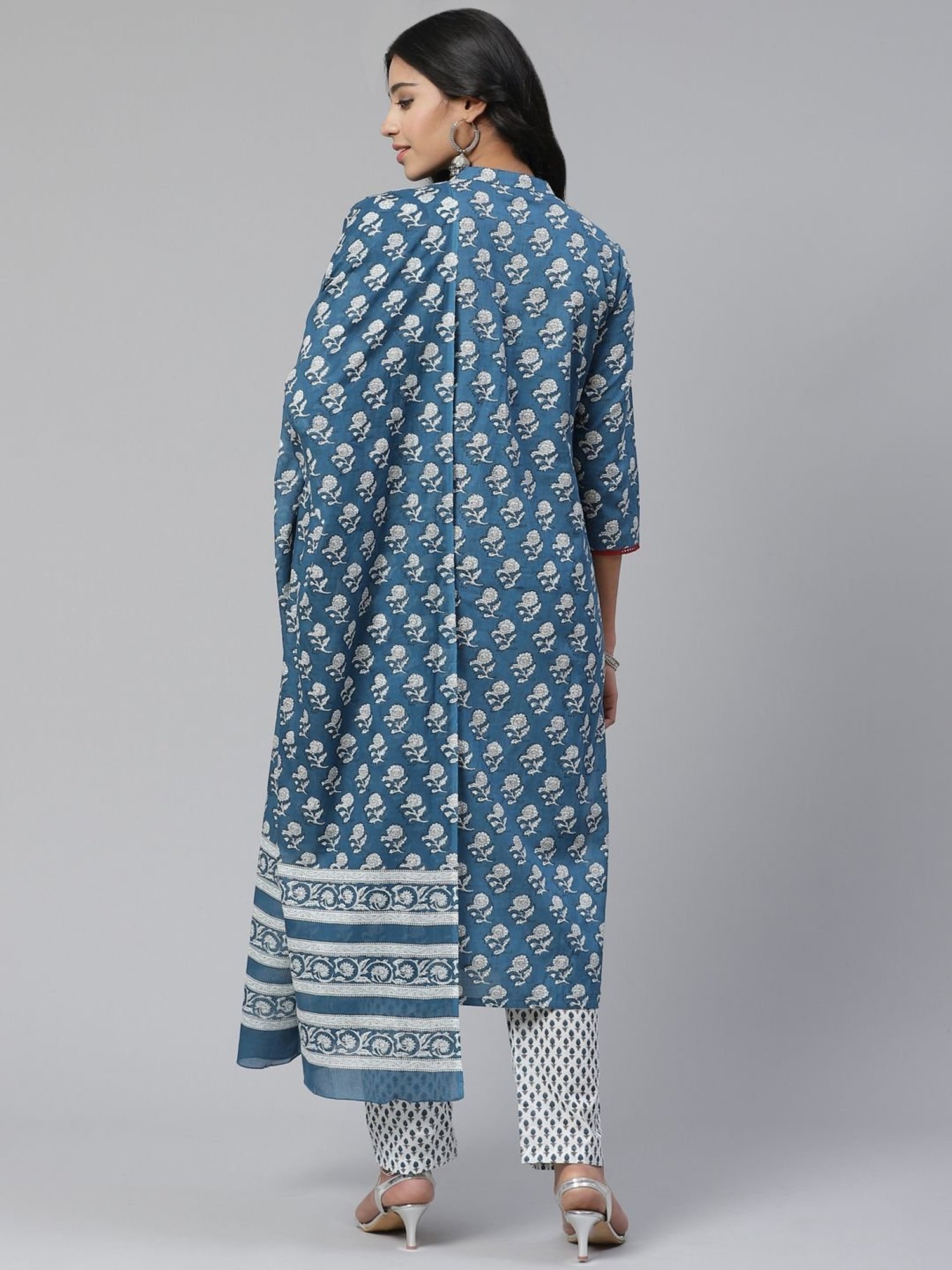 Sringam Blue & White Cotton Printed Kurta Pant Set With Dupatta