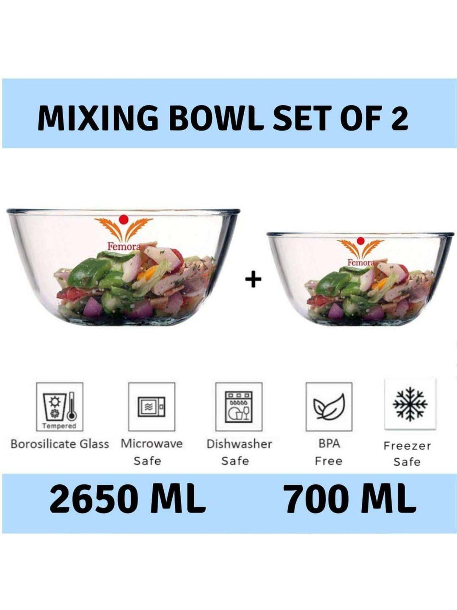 Femora Borosilicate Glass Microwave Safe Mixing Bowls (700 ml) - Set of 2