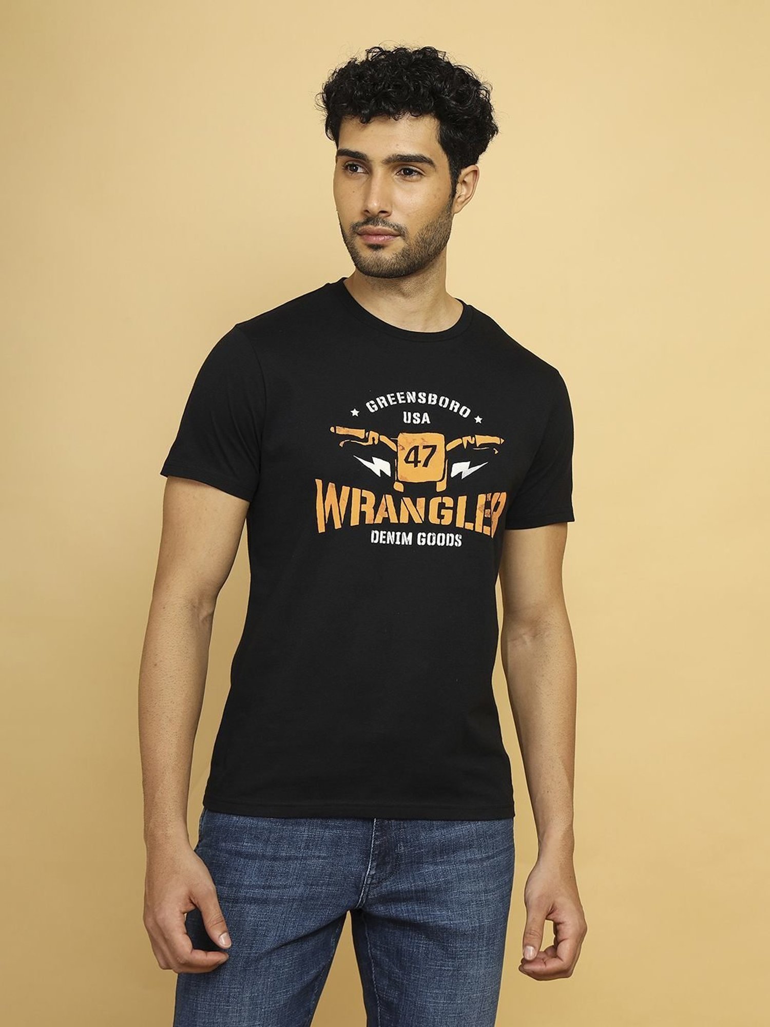 Wrangler Jet Black Cotton Regular Fit Printed T-Shirt