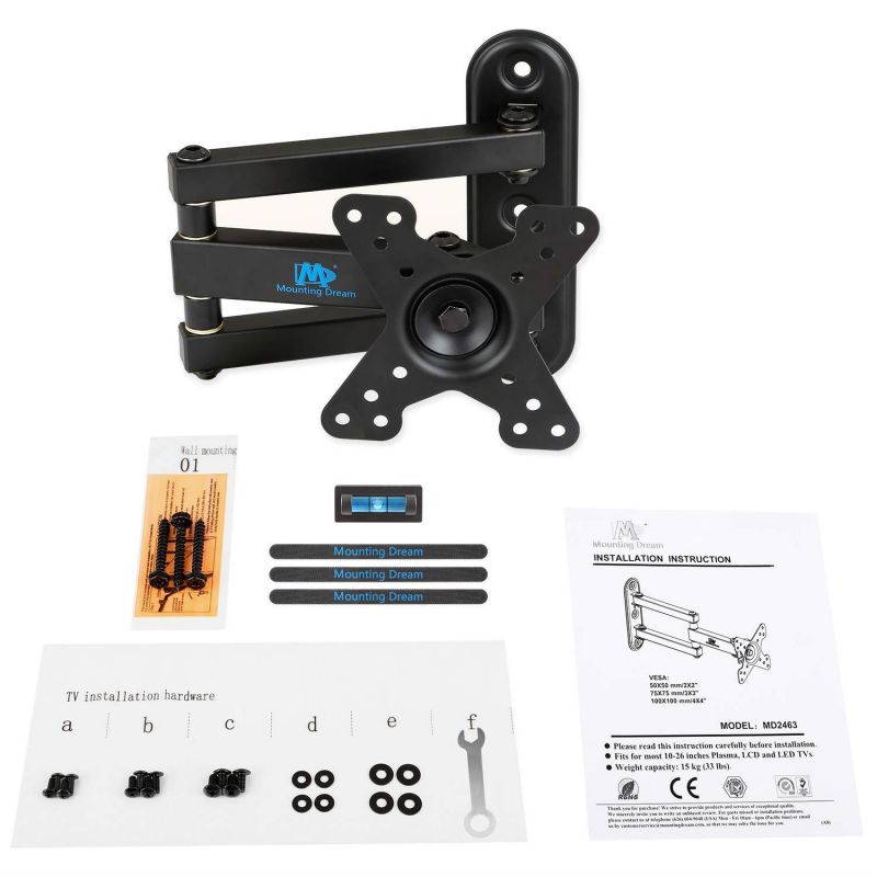 Mounting Dream MD2463 TV Monitor Wall Mount Bracket for Most 10-26 Inch LED, LCD Flat Screen TV and Monitors, with Full Motion Swivel Articulating Arm, up to VESA 100x100mm and 33 lbs