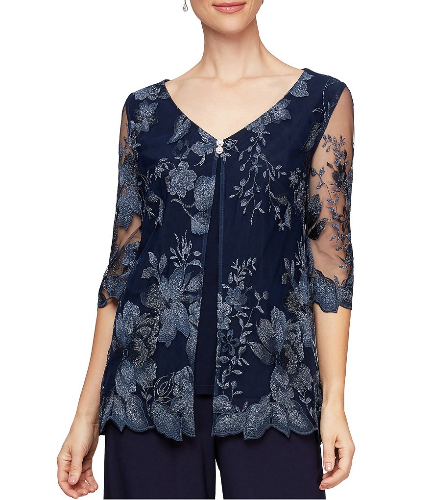 Alex Evenings Floral Embroidered Mock 2 Piece Twinset