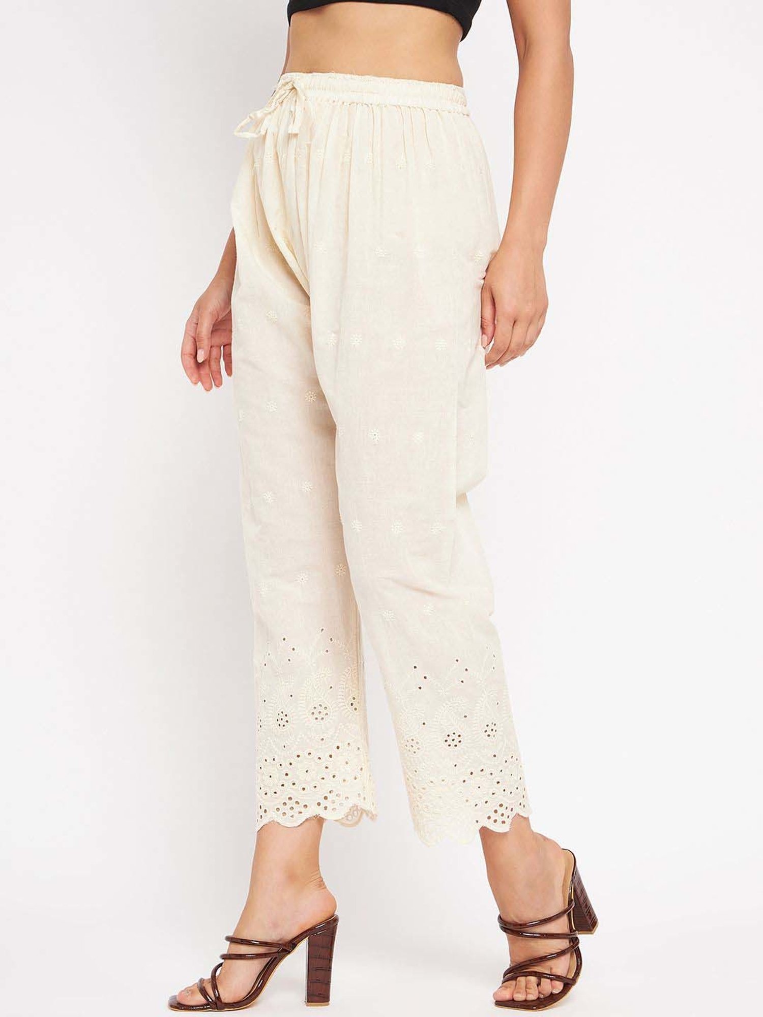 Castle Cream Cotton Embroidered Palazzos