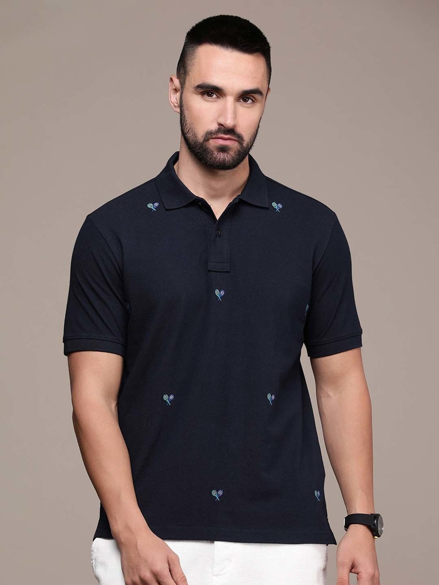 Burnt Umber Navy Regular Fit Embroidered Polo T-Shirt