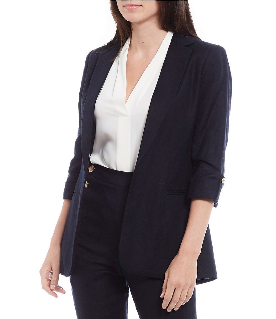 Calvin Klein Petite Size Linen-Blend Notch Lapel Collar 3/4 Roll Sleeve Jacket