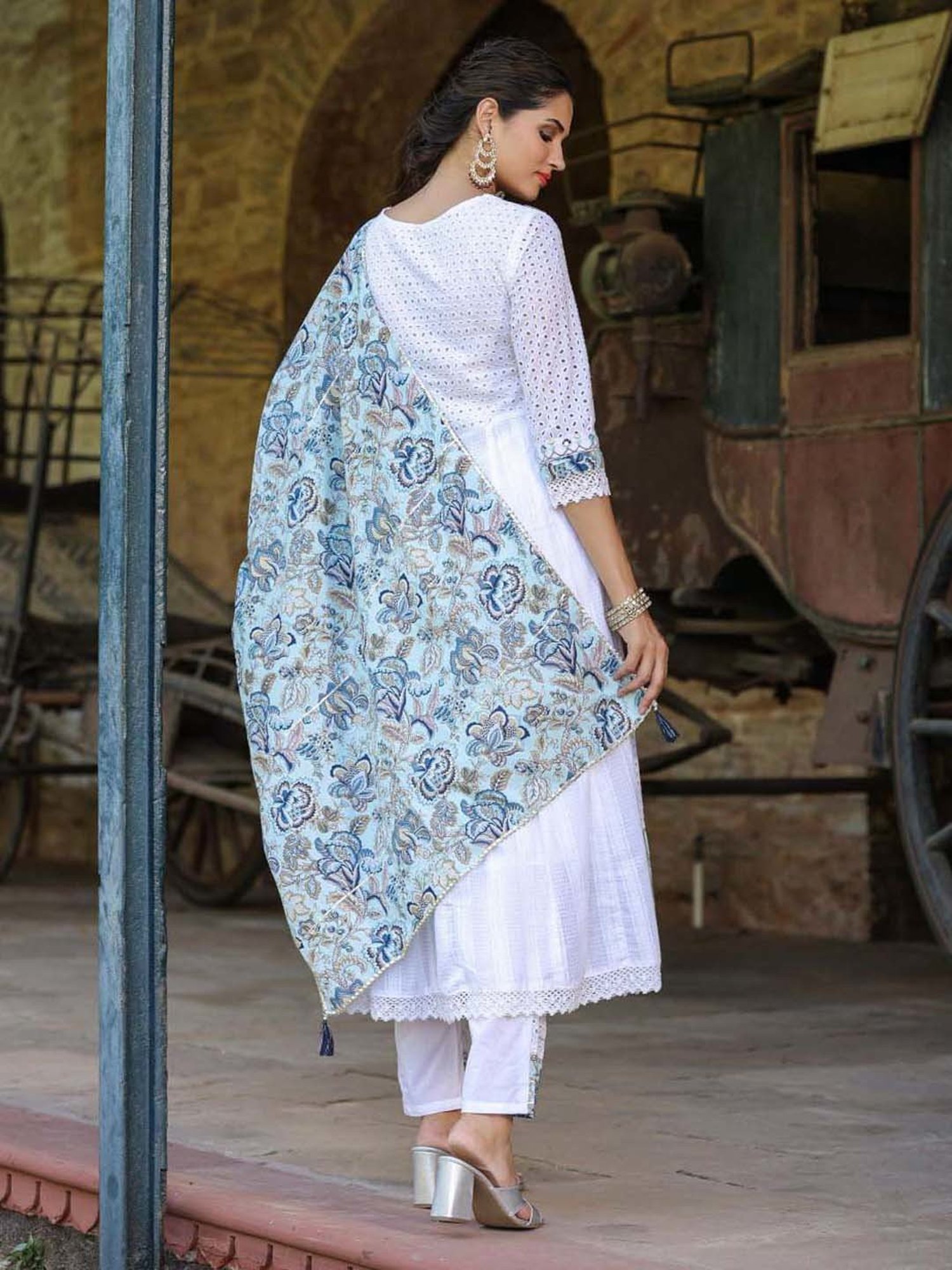 SCAKHI Pearl White Cotton Embroidered Kurta Pant Set With Dupatta