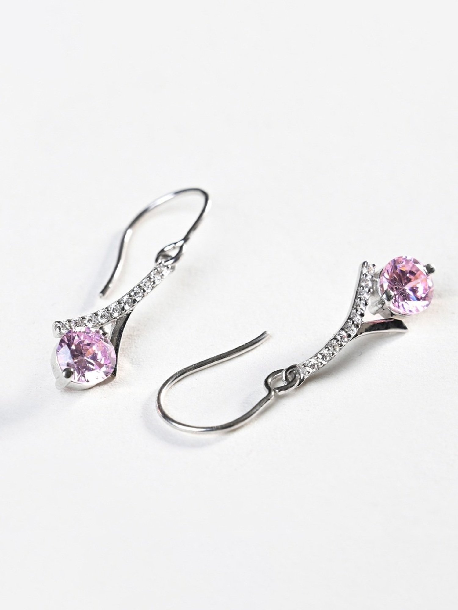 Clara 925 Silver Rhodium-Plated Swiss Zirconia Pink Solitaire Dangler Earrings