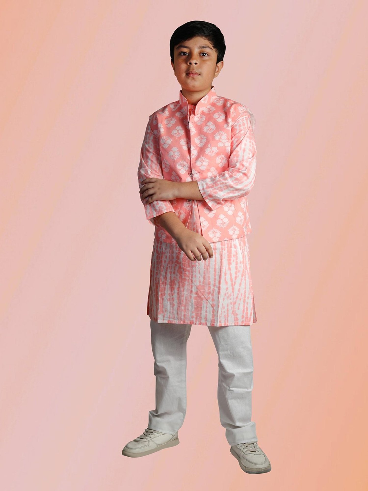 Tippy Top Kids Peach & White Floral Print Full Sleeves Kurta, Pyjamas with Jacket