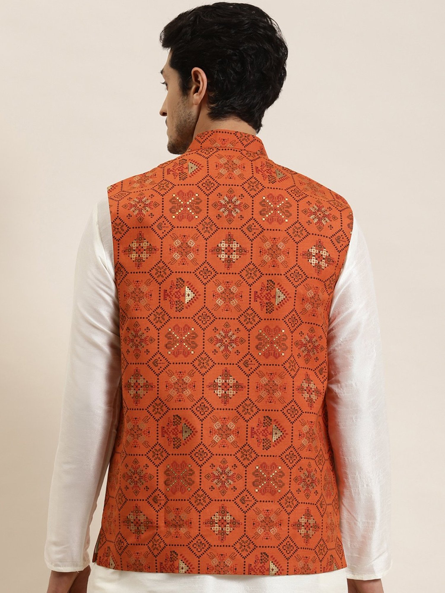 Sojanya Orange Cotton Linen Regular Fit Self Pattern Nehru Jacket