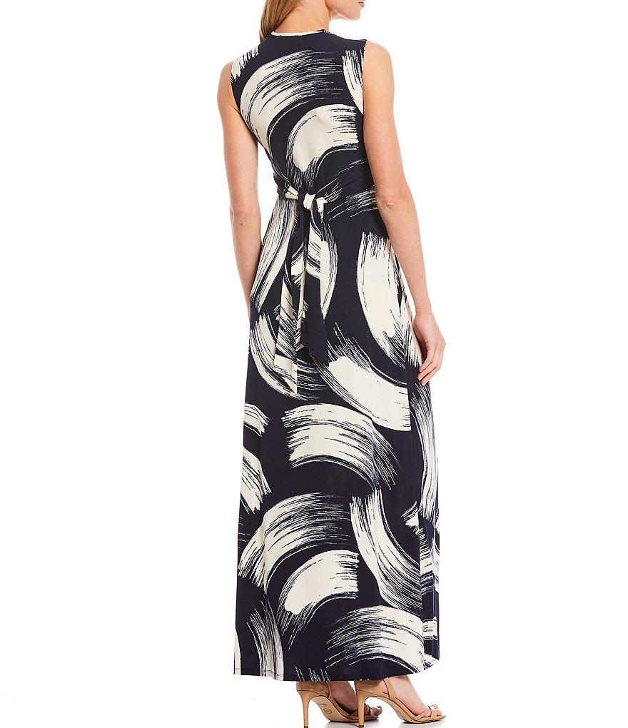 Eliza J Printed Jersey Knot Front Sleeveless Ankle Length Maxi Dress