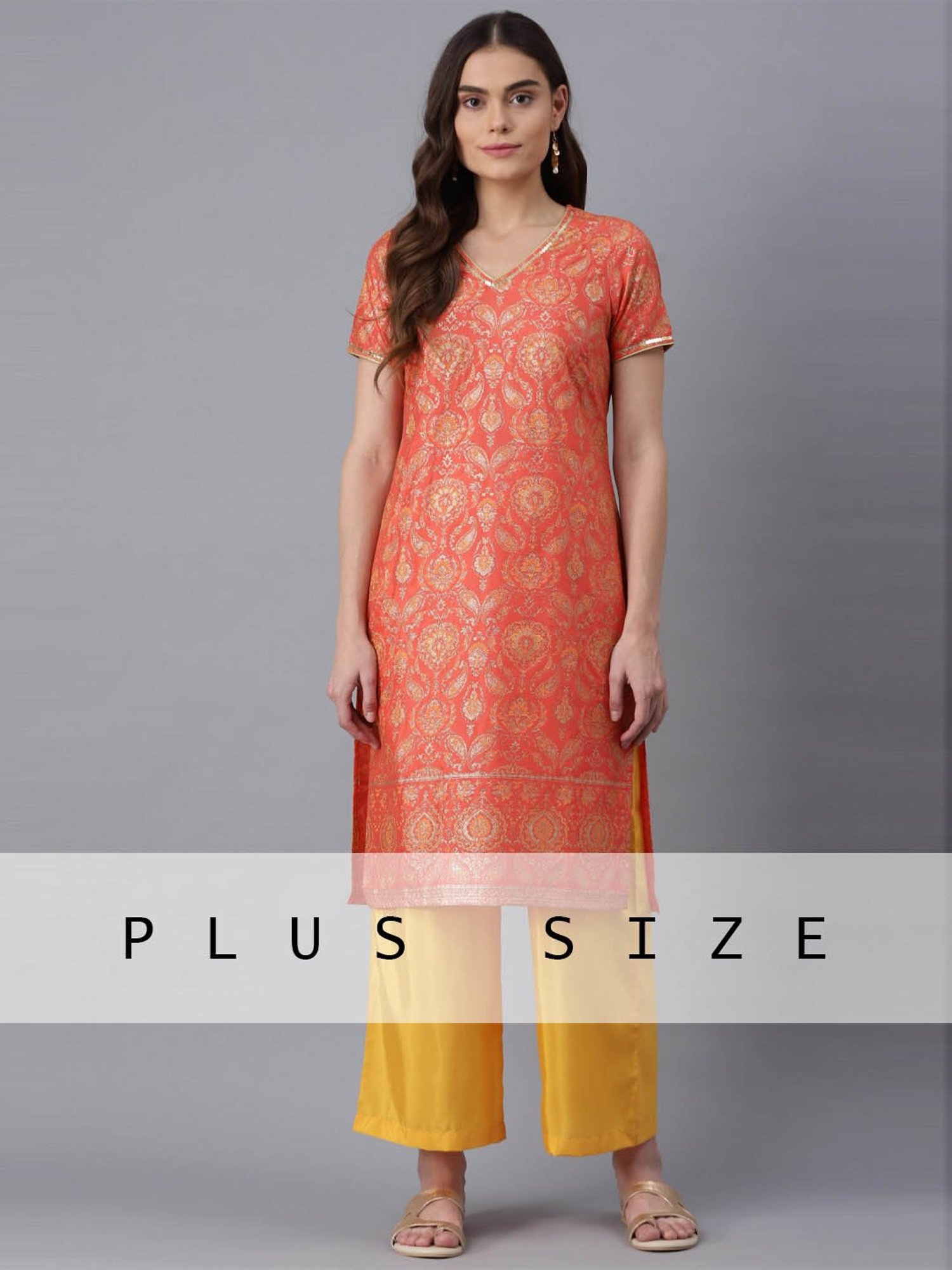 Aure by Aurelia Orange & Yellow Printed Kurta Palazzo Set