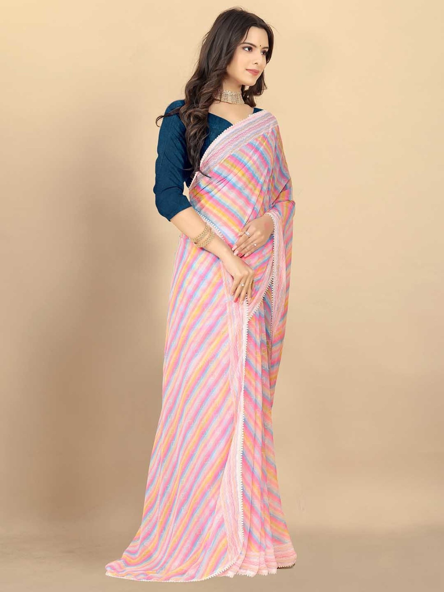 Rangita Pink Leheria Striped Saree With Blouse