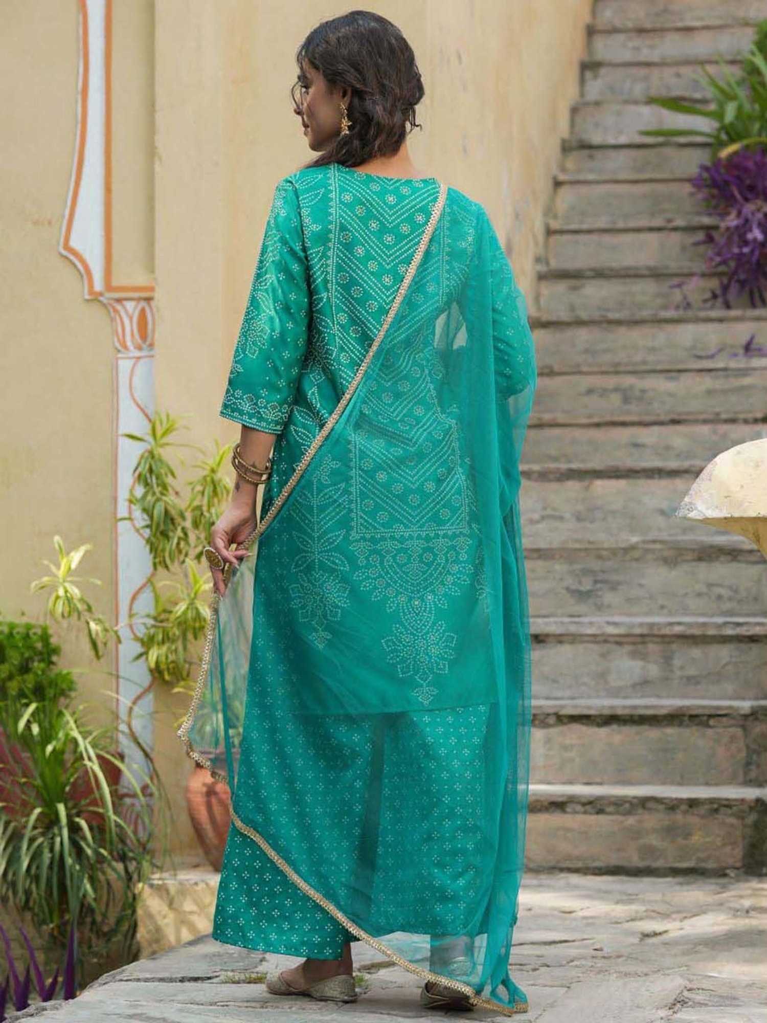 Juniper Teal Bandhani Printed Shantoon Kurta Palazzo & Net Dupatta Set with Lace & Beads Work