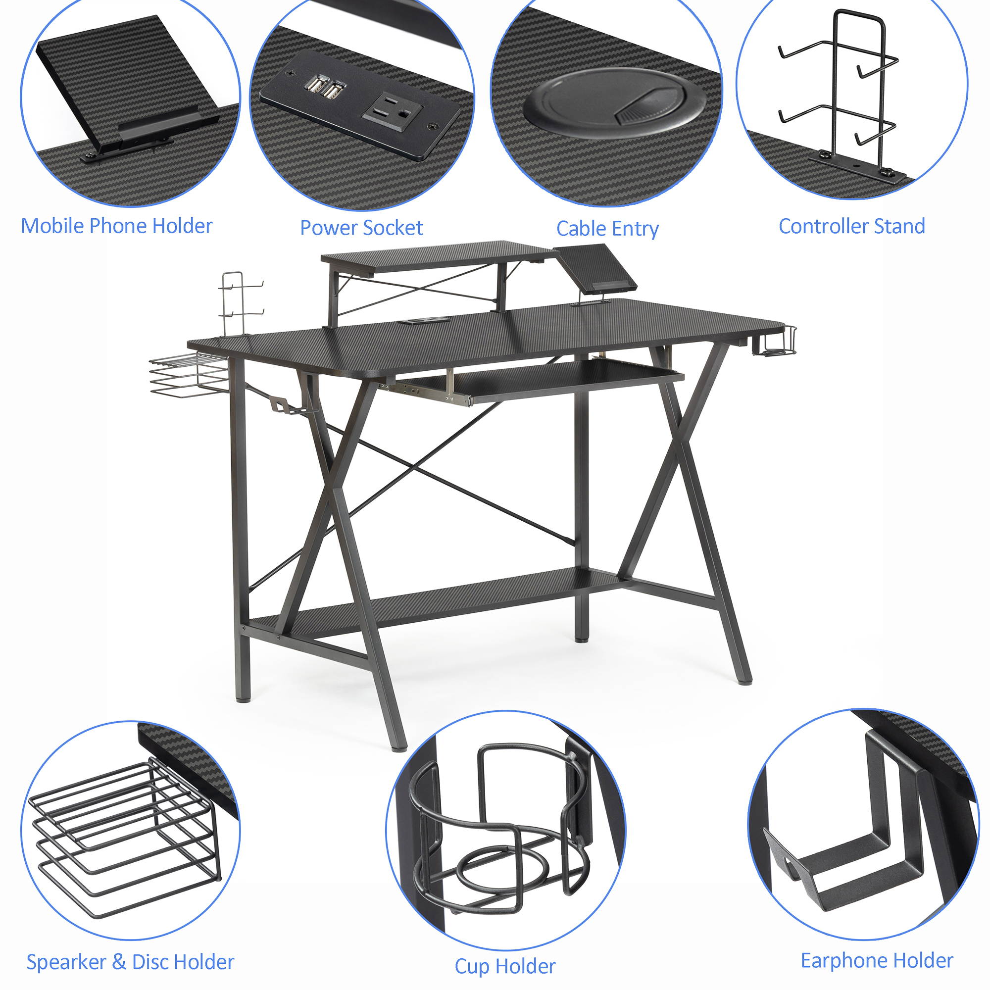 47" Gaming Desk Table E-Sports Computer Desk with PC Stand Shelf Keyboard stand Power Strip with USB Cup Holder & Headphone Hook Home Office Desk Gamer Desk Writing Table Carbon Fiber Coated Black