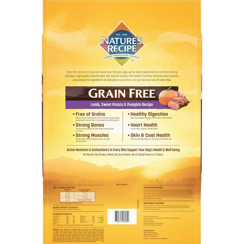 Nature's Recipe Grain Free Lamb, Sweet Potato & Pumpkin Recipe Adult Dry Dog Food - 12lbs
