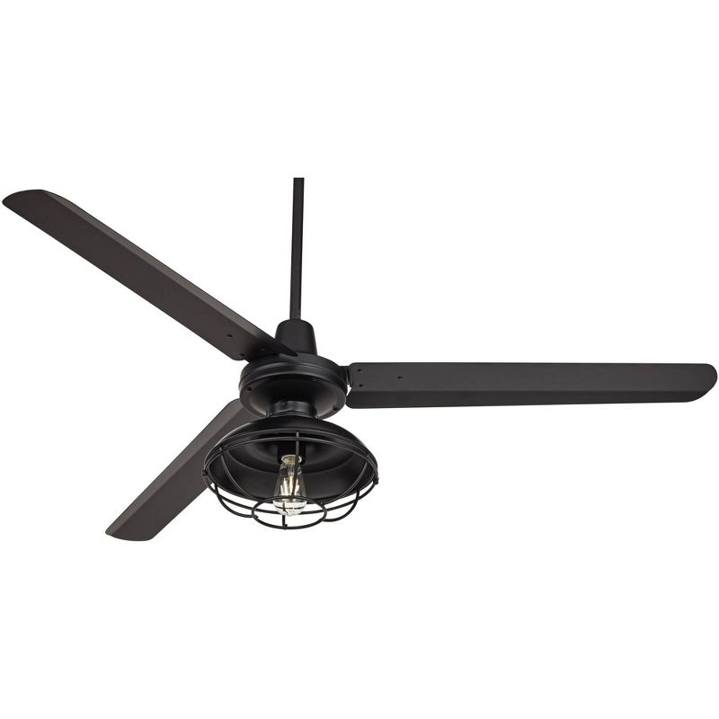 60" Casa Vieja Industrial 3 Blade Outdoor Ceiling Fan with Light Kit LED Remote Matte Black Franklin Park Caged Damp Patio Porch