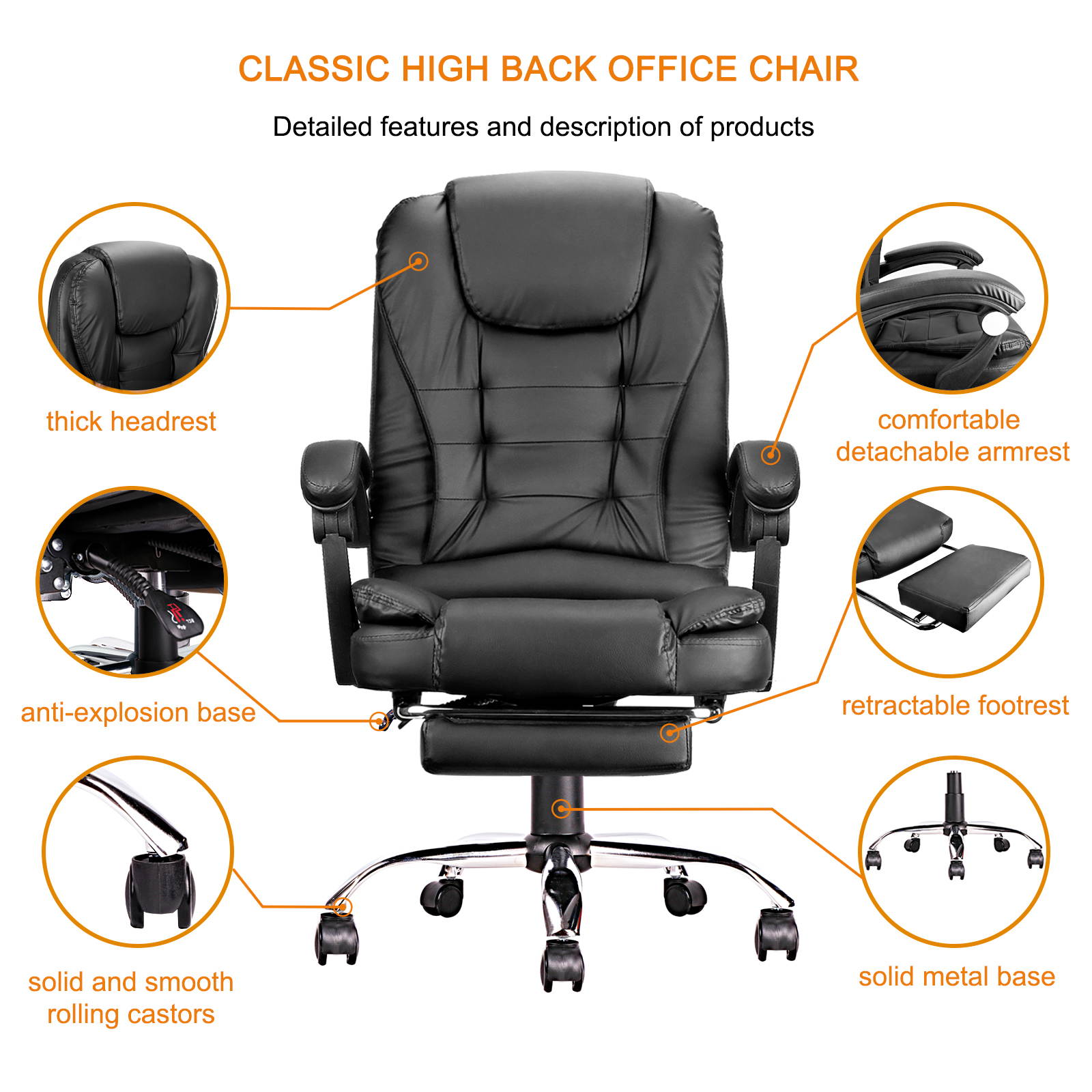 (Ship from US!!!)  High Back Office Swivel Chair, PU Leather Gaming Chair, Computer Chair, Desk Chair with Padded Armrests, Adjustable Height and Angle Ergonomic Task Chair with Lumbar Support