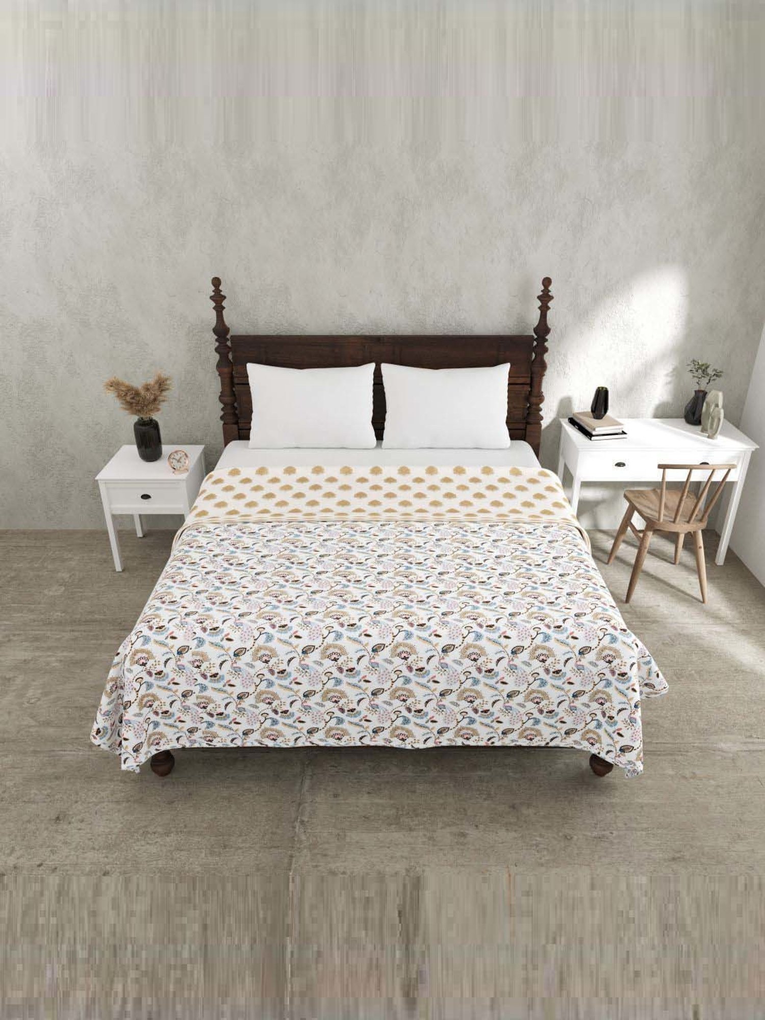 Haus & Kinder Cambric Floral Green & Yellow Cotton Single Reversible Dohar