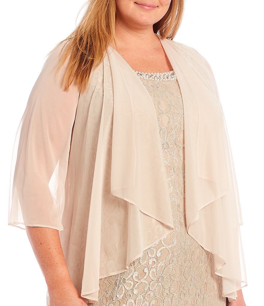 R & M Richards Plus Size Glitter Lace Beaded Round Neck 3/4 Sleeve 2-Piece Jacket Gown