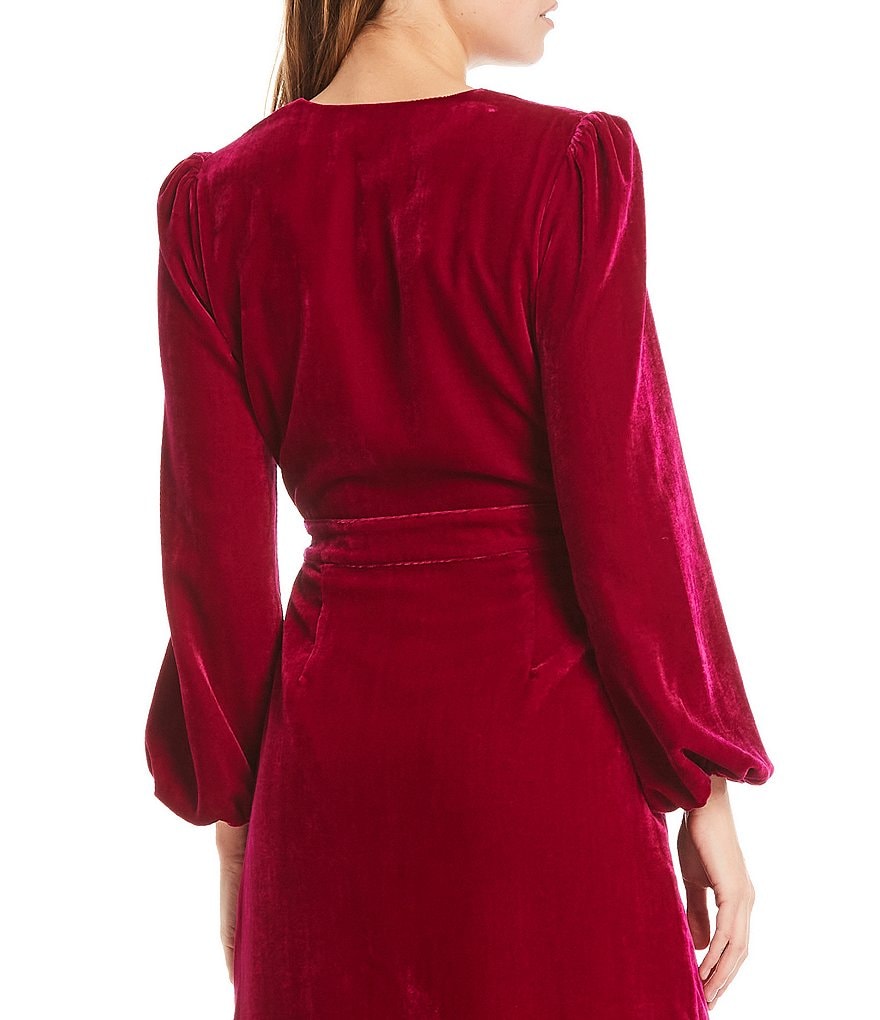 Harlyn Velvet Long Sleeve Puff Shoulder Tie Waist Midi Wrap Dress