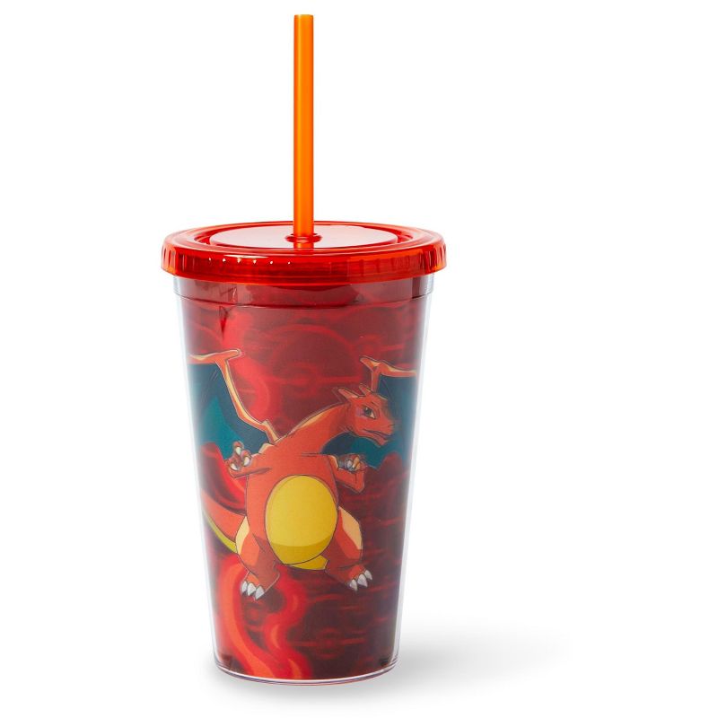 Just Funky Pok'emon Charizard Lenticular Plastic Tumbler Cup Lid & Straw | Holds 16 Ounces